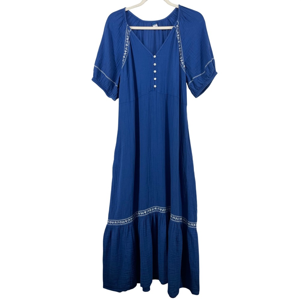 Old Navy Size Large Maxi Dress Blue Embroidered Cotton Gauze Boho Pockets Women